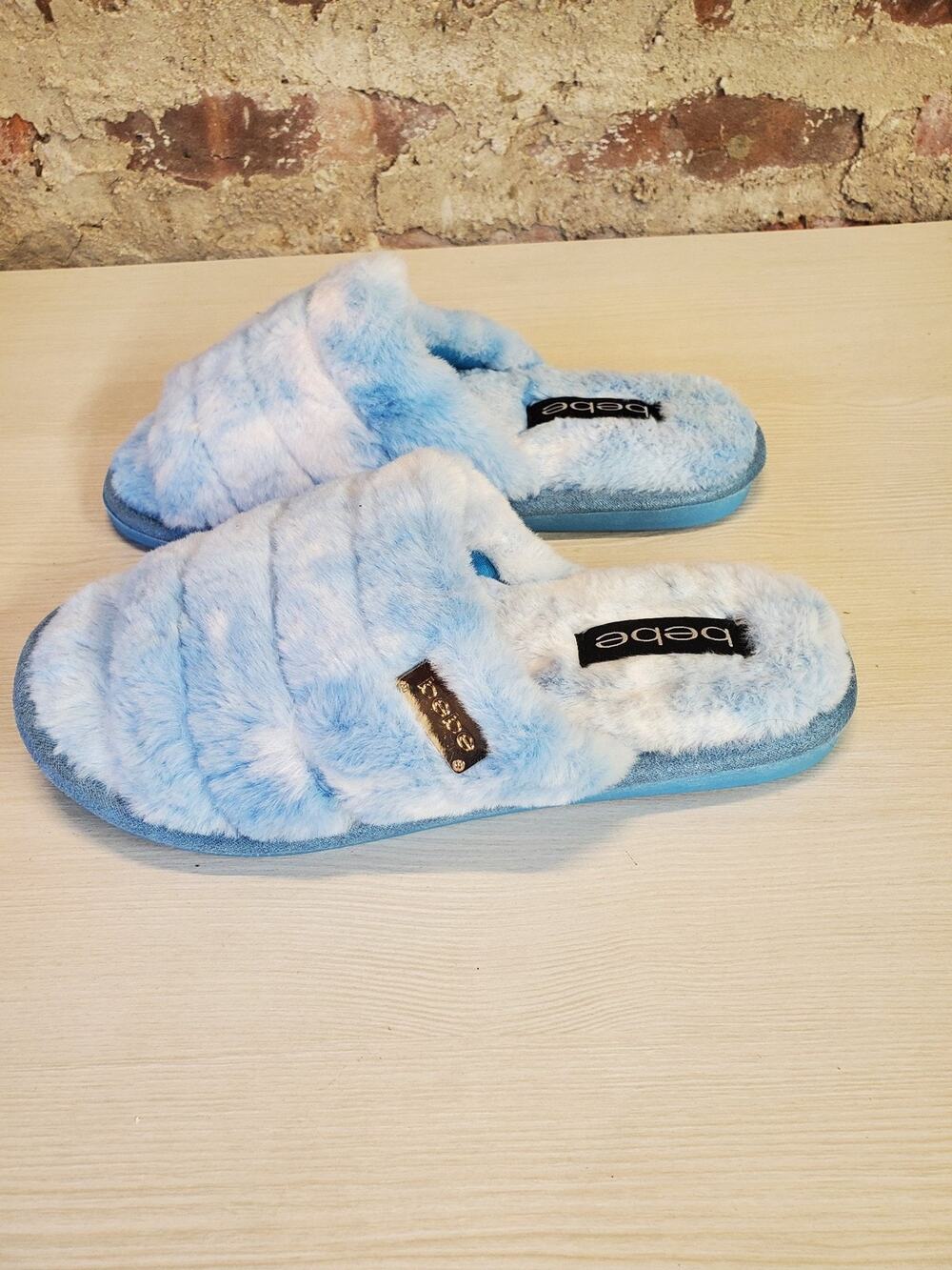 Bebe Womens Sadia Blue Tie Dye Faux Fur Slide Slippers Size 8 M Plush New